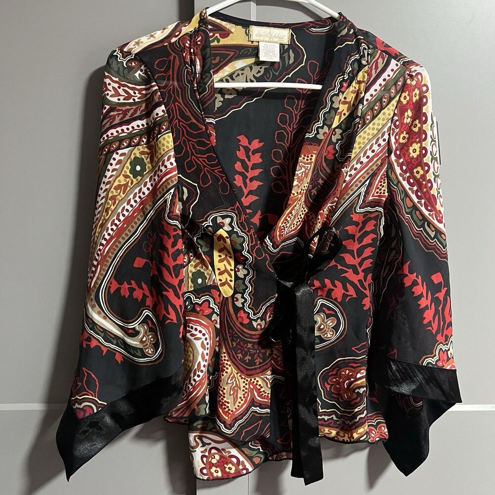 Baby Phat Women Polyester Flutter Sleeve Paisley Print Wrap Blouse Small Y2K